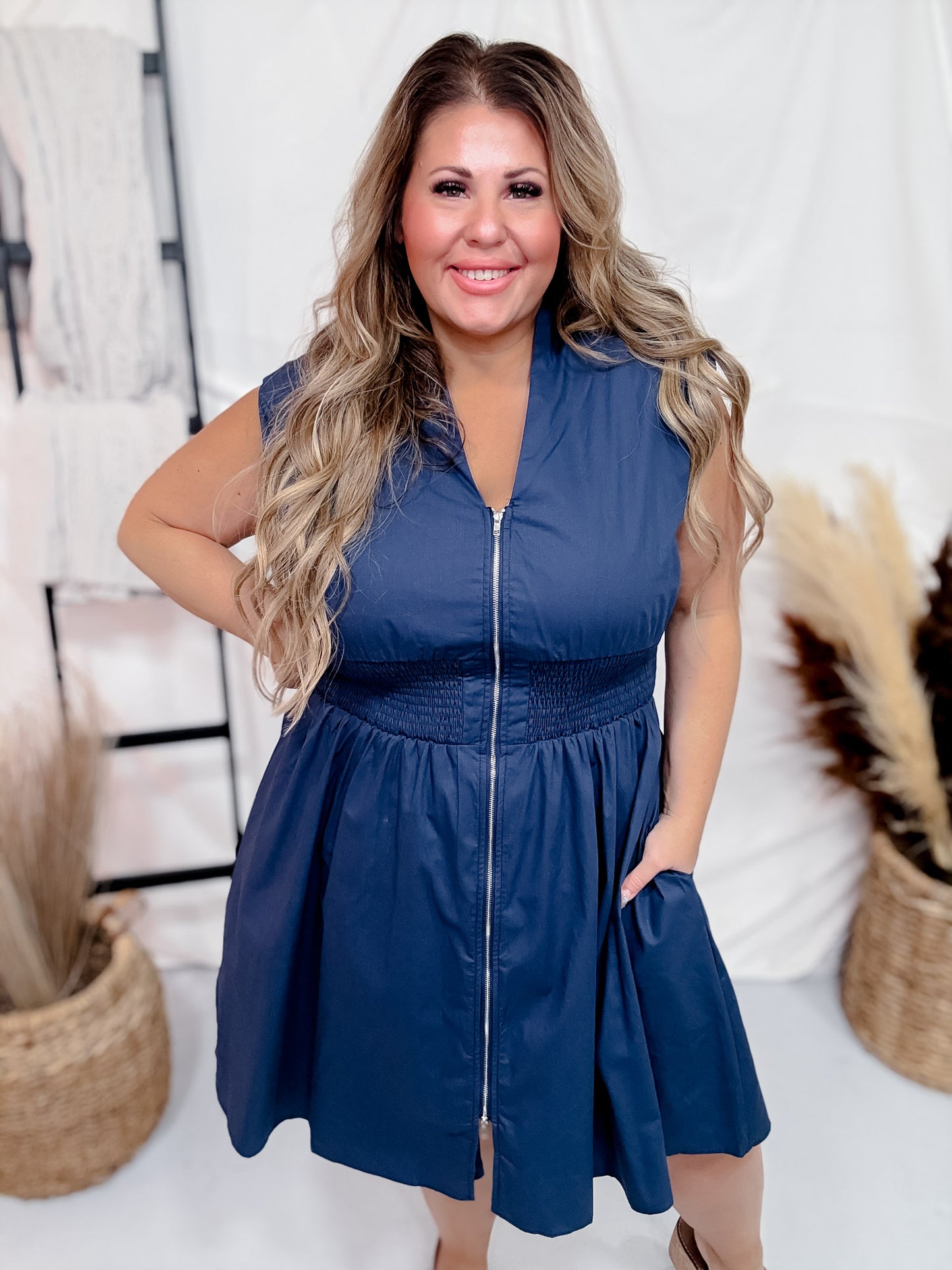 Navy Smoked Waist Front Zip Mini Dress W/ Pockets
