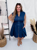 Navy Smoked Waist Front Zip Mini Dress W/ Pockets