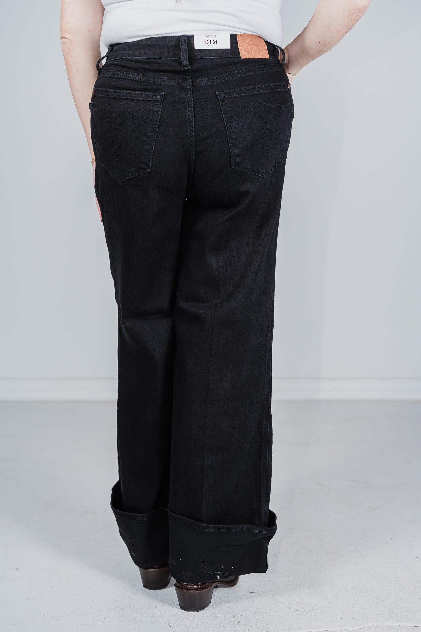 Judy Blue High Waist Black Retro Wide Leg Cuffed Jeans - Whiskey Skies - JUDY BLUE