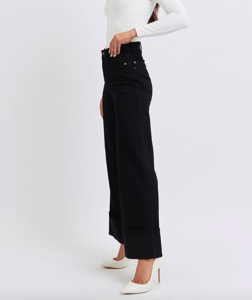 Judy Blue High Waist Black Retro Wide Leg Cuffed Jeans - Whiskey Skies - JUDY BLUE