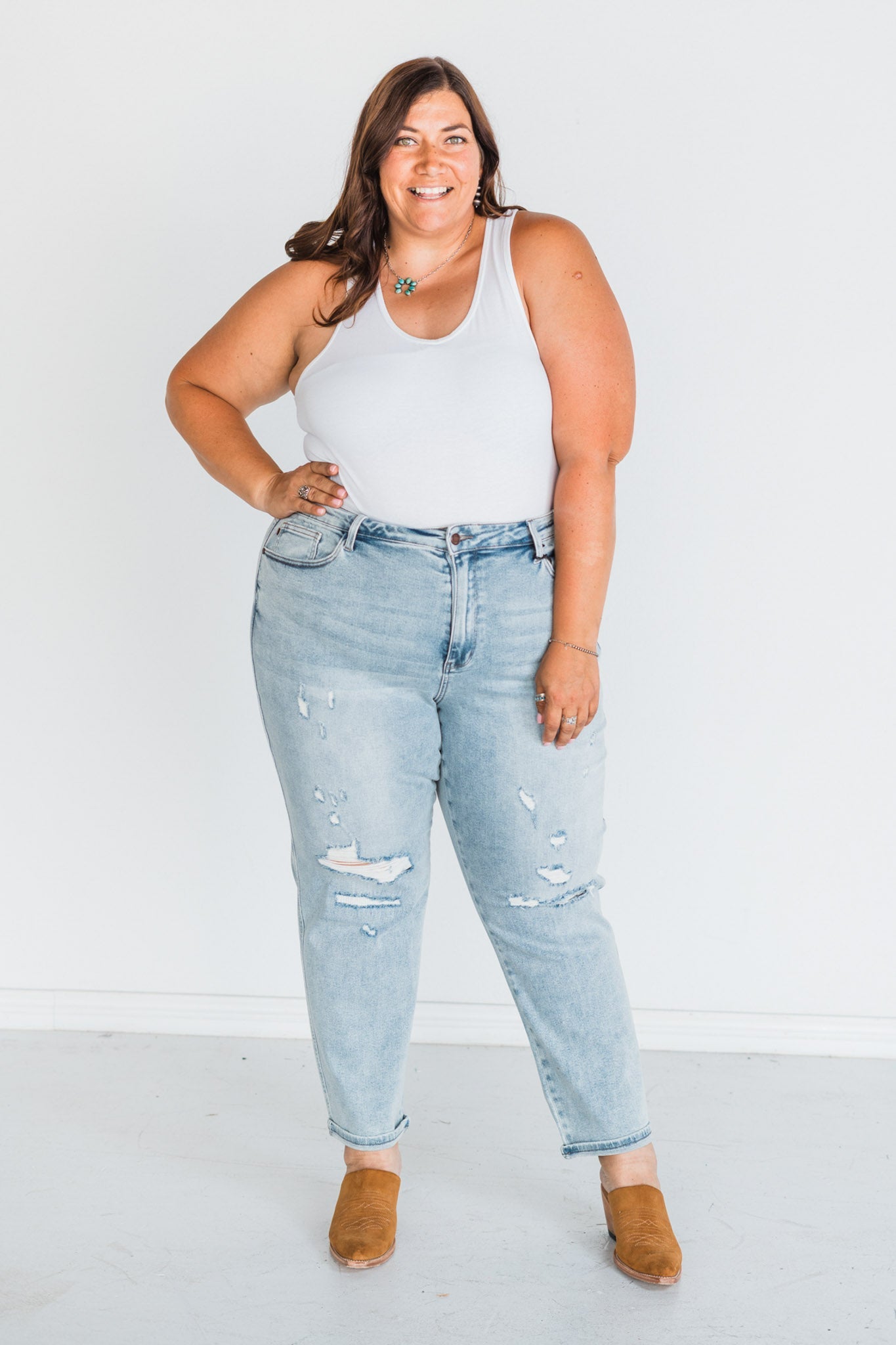 Judy Blue Mid Rise Single Cuff Distressed Boyfriend Jeans - Whiskey Skies - JUDY BLUE