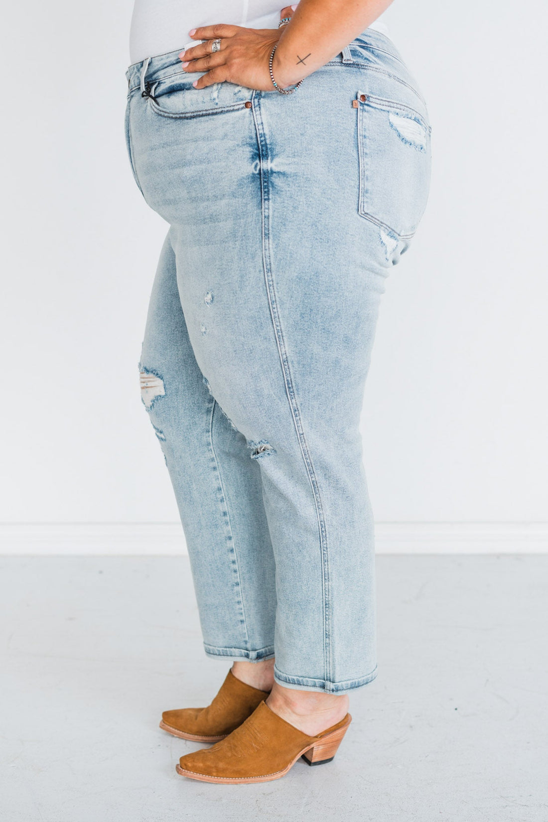 Judy Blue Mid Rise Single Cuff Distressed Boyfriend Jeans - Whiskey Skies - JUDY BLUE