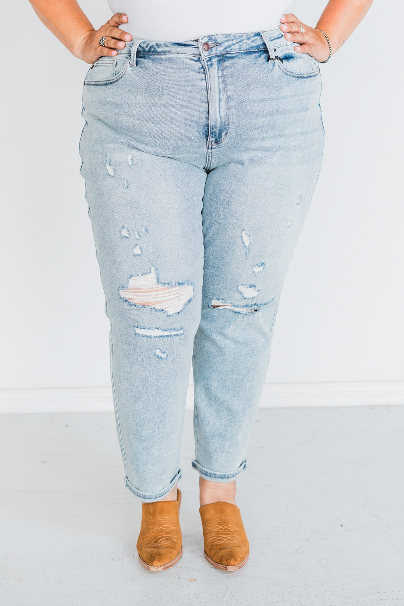 Judy Blue Mid Rise Single Cuff Distressed Boyfriend Jeans - Whiskey Skies - JUDY BLUE