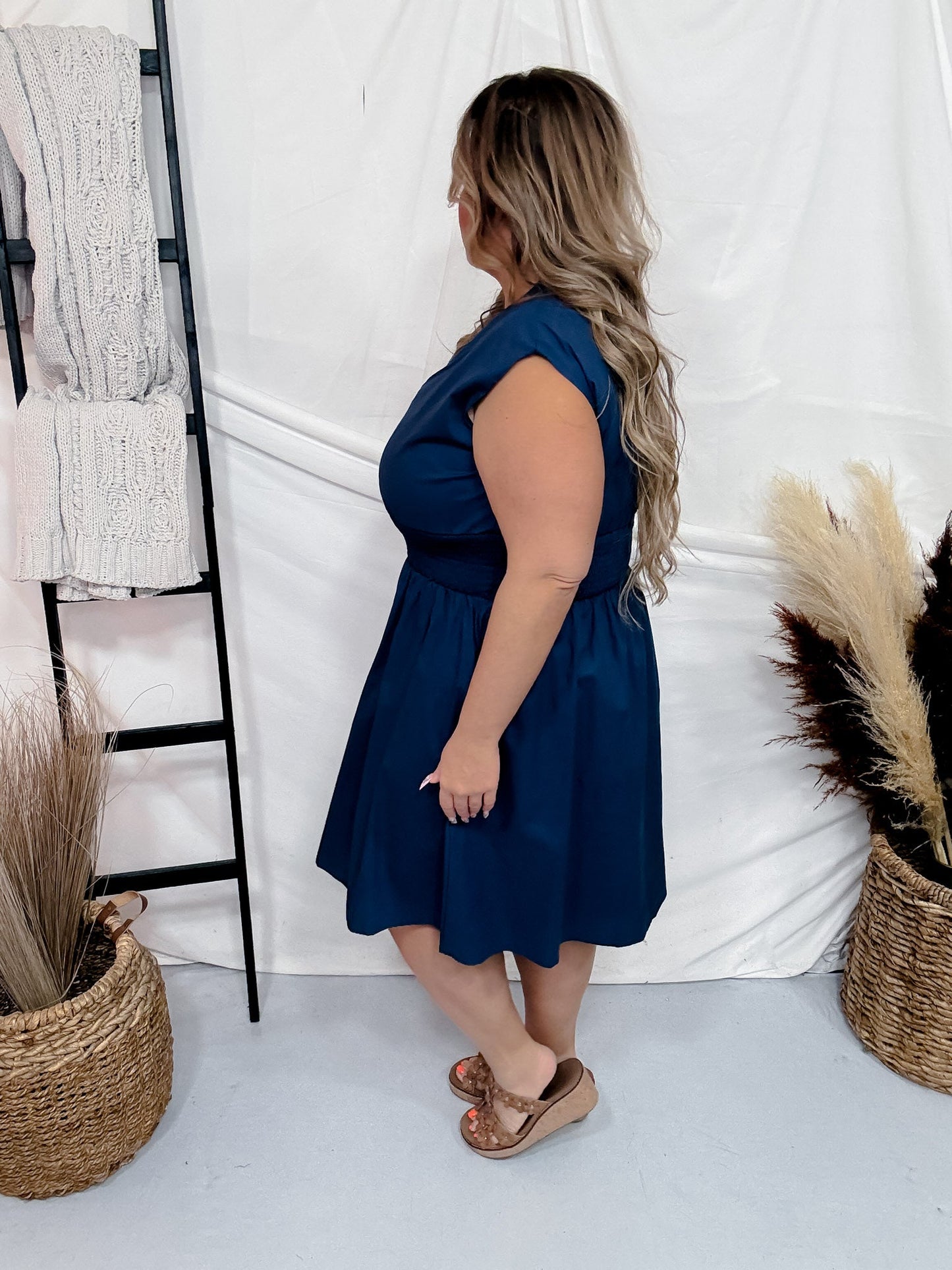 Navy Smoked Waist Front Zip Mini Dress W/ Pockets - Whiskey Skies - SHE + SKY