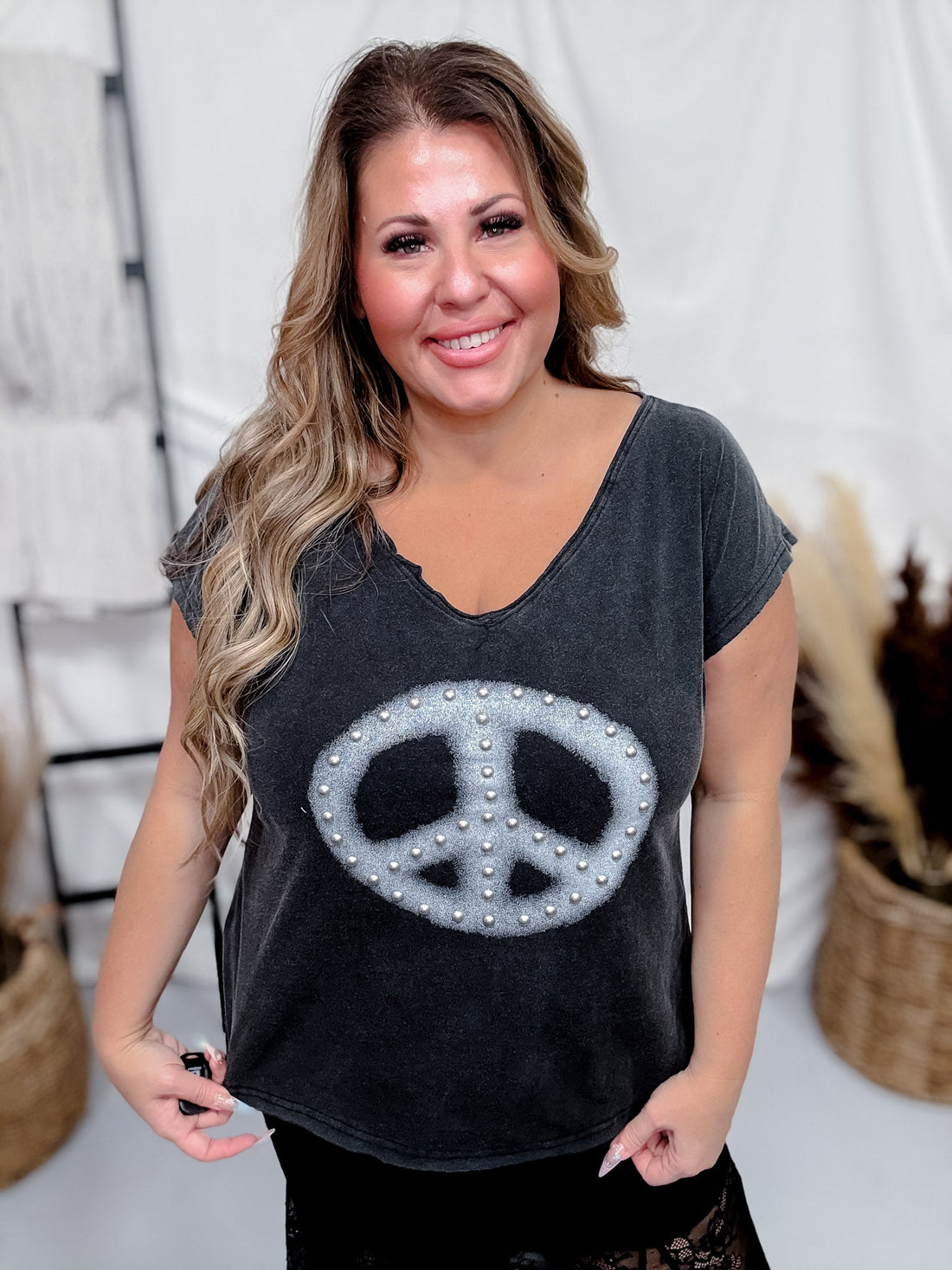 Sleeveless V - Neck Drop Shoulder Peace Sign Top - Whiskey Skies - POL CLOTHING INC.