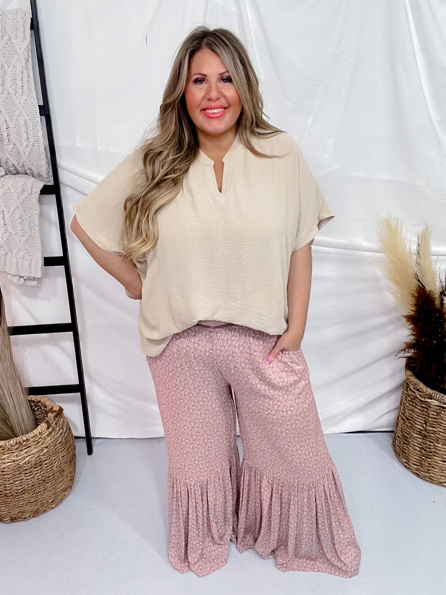 Smocked Waist Wide Leg Pants - Whiskey Skies - KORI AMERICA