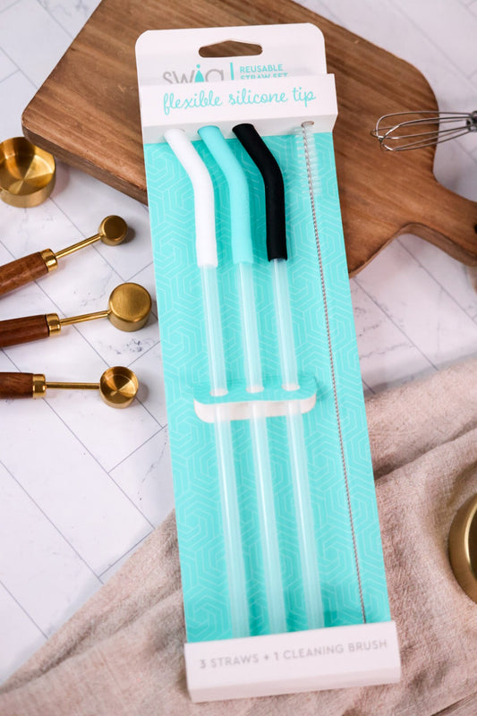 White/Aqua/Black Reusable Straw Set - Whiskey Skies - SWIG LIFE