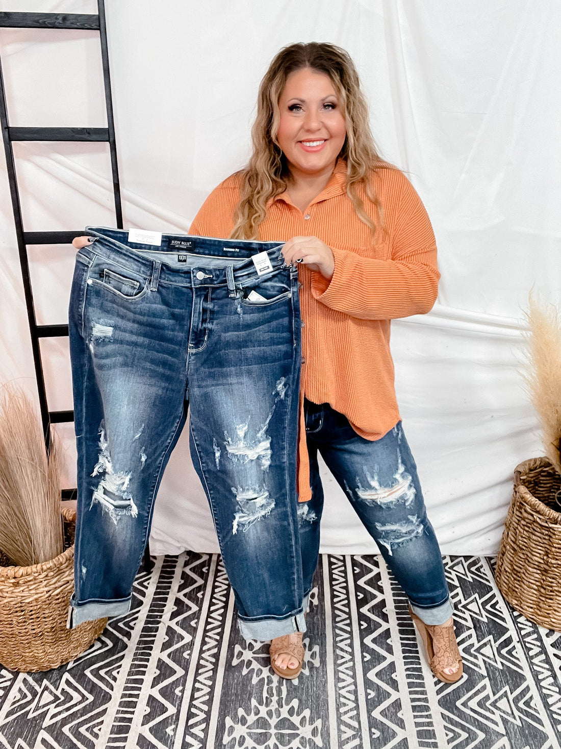 Judy Blue Mid Rise Cuffed Destroy Boyfriend Jeans - Whiskey Skies